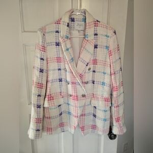 Maison Jules Pastel Plaid Tweed Blazer - White with Pink, Blue & Lavender